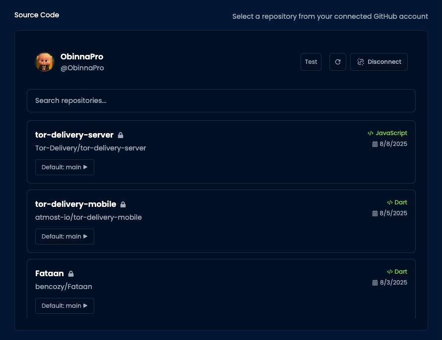 GitHub repository selection interface
